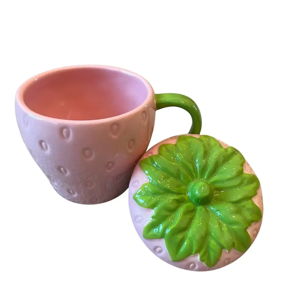 Lang Hand Painted PINK STRAWBERRY Ceramic Mug with Lid 18oz Spring New